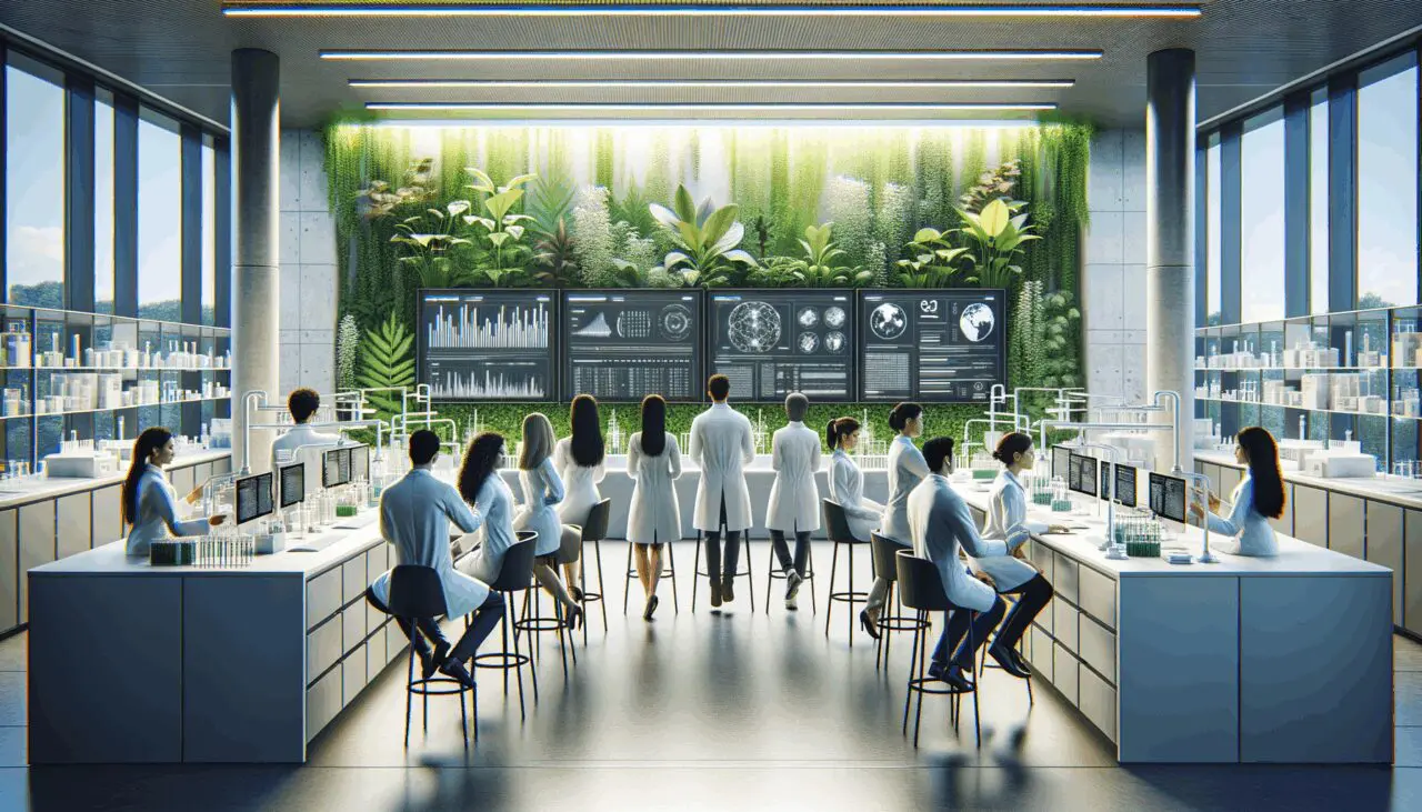 Laboratorio de biotecnología contemporáneo con científicos y pantallas de datos rodeados de vegetación.