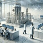 Laboratorio tecnológico moderno con reactores y científicos analizando materiales de energía.