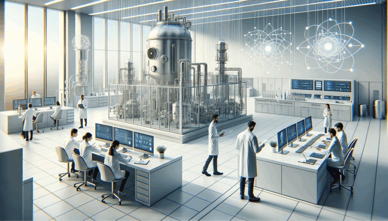Laboratorio tecnológico moderno con reactores y científicos analizando materiales de energía.