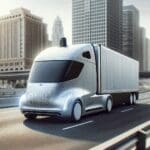 Primer plano de un camión autónomo moderno circulando por una autopista americana, con entorno urbano al fondo.