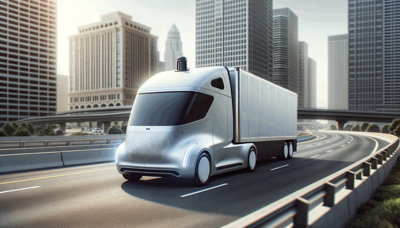 Primer plano de un camión autónomo moderno circulando por una autopista americana, con entorno urbano al fondo.