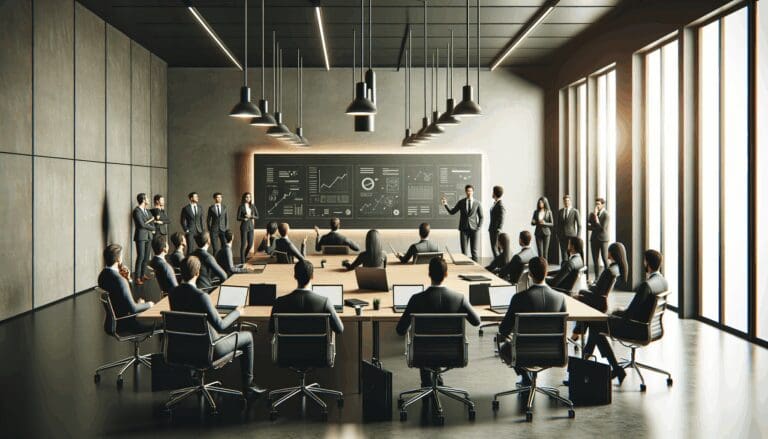 Reunión de startups en una sala de conferencias moderna con pizarras y laptops.