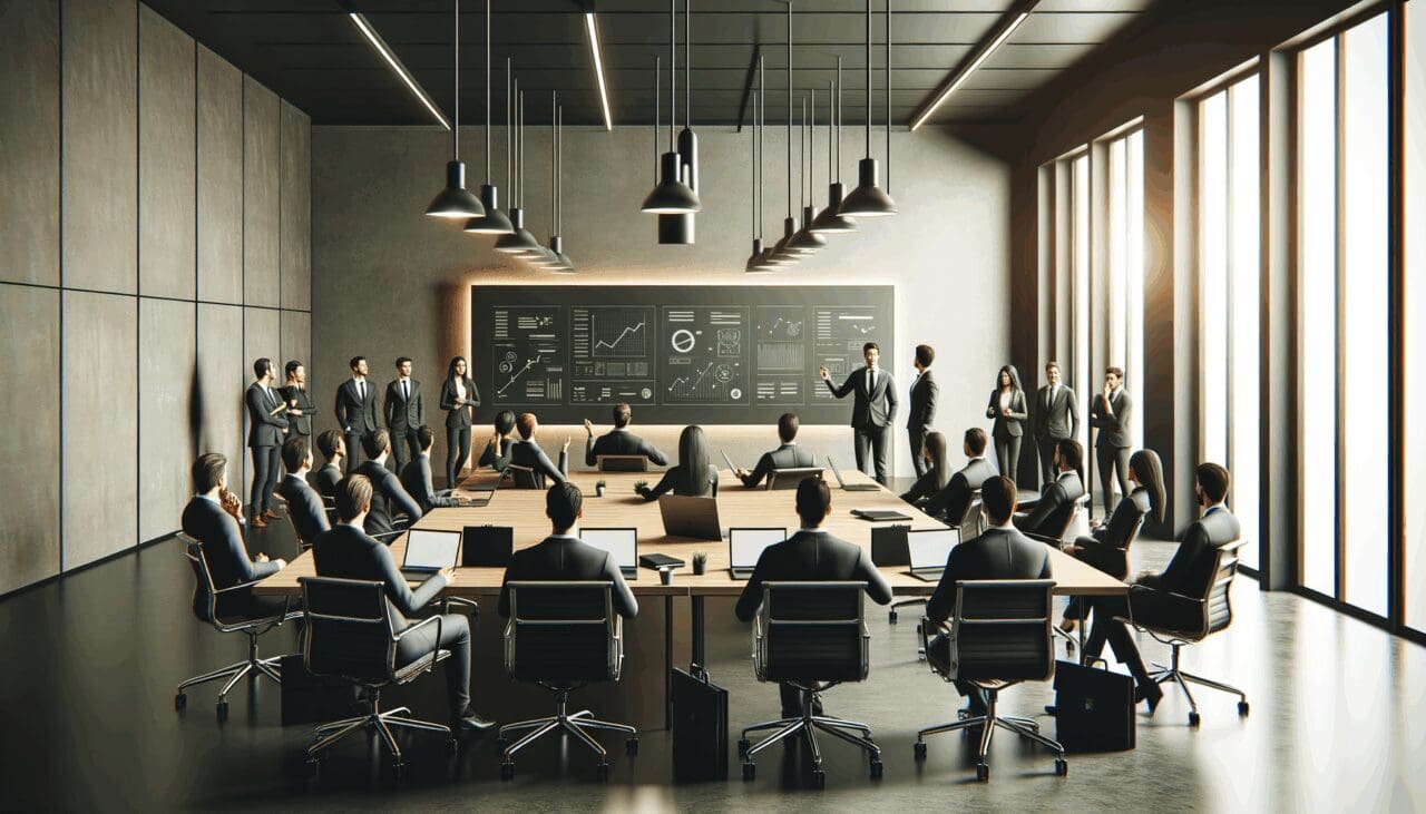Reunión de startups en una sala de conferencias moderna con pizarras y laptops.