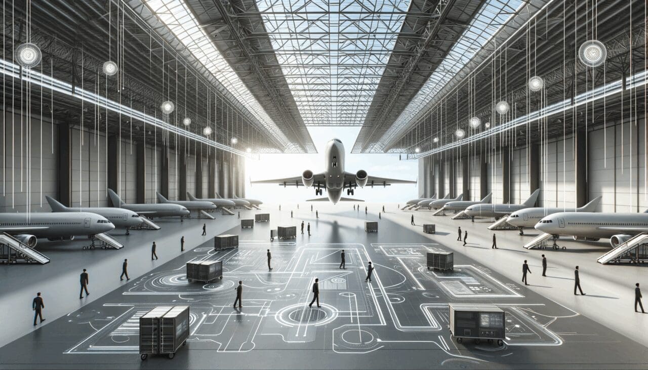 Perspectiva de hangares modernos y aviones conectados con gráficos digitales, ambiente innovador.