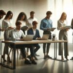 Equipo de emprendedores reunidos en una sala de reuniones moderna, revisando laptops y documentos.
