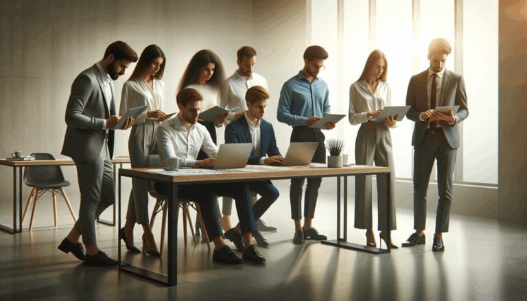 Equipo de emprendedores reunidos en una sala de reuniones moderna, revisando laptops y documentos.