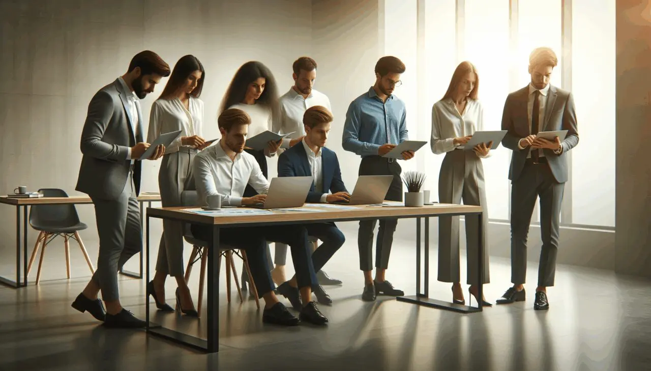 Equipo de emprendedores reunidos en una sala de reuniones moderna, revisando laptops y documentos.