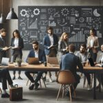 Emprendedores reunidos en una sala moderna frente a pizarras y computadoras portátiles, ambiente colaborativo.