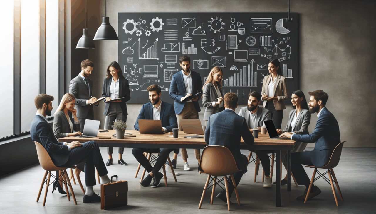 Emprendedores reunidos en una sala moderna frente a pizarras y computadoras portátiles, ambiente colaborativo.