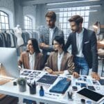 Diseñadores colaborando en un luminoso estudio moderno rodeados de tecnología y prendas digitales.