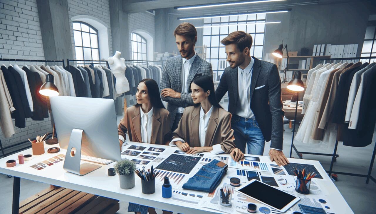 Diseñadores colaborando en un luminoso estudio moderno rodeados de tecnología y prendas digitales.