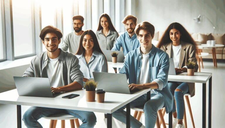 Jóvenes emprendedores trabajando en laptops en un espacio de coworking moderno y luminoso.