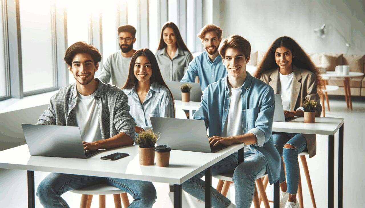 Jóvenes emprendedores trabajando en laptops en un espacio de coworking moderno y luminoso.