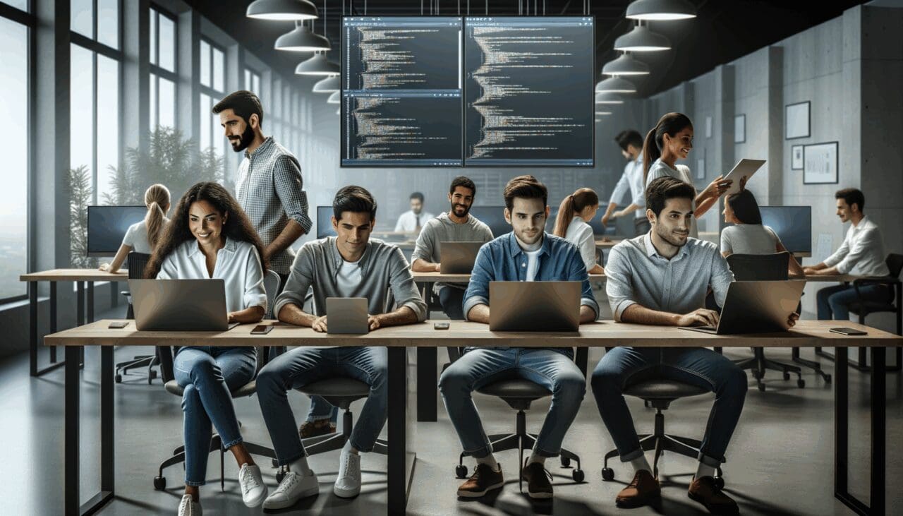 Oficinas modernas con programadores colaborando en laptops, ambiente tecnológico latinoamericano.