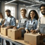 Fotografía de trabajadores organizando paquetes en un centro de distribución moderno, con fondo neutro y luz natural.