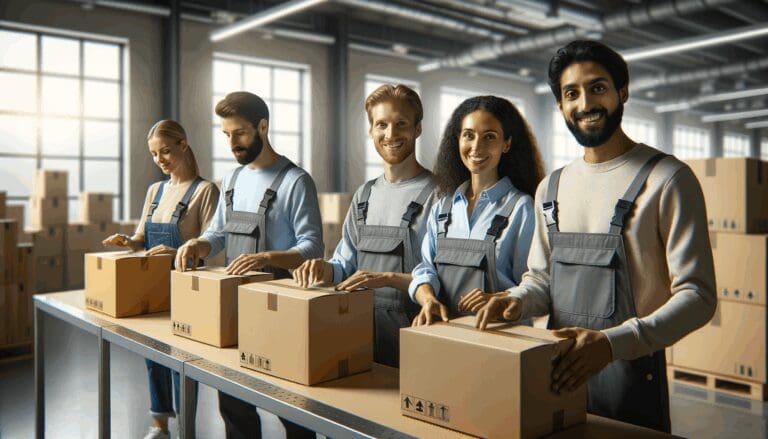 Fotografía de trabajadores organizando paquetes en un centro de distribución moderno, con fondo neutro y luz natural.