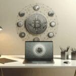 Ilustración de una computadora portátil junto a monedas digitales sobre un escritorio moderno con fondo neutro.