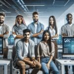 Equipo multicultural de jóvenes emprendedores trabajando en una oficina moderna con pantallas y gráficos de datos.