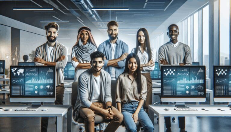 Equipo multicultural de jóvenes emprendedores trabajando en una oficina moderna con pantallas y gráficos de datos.