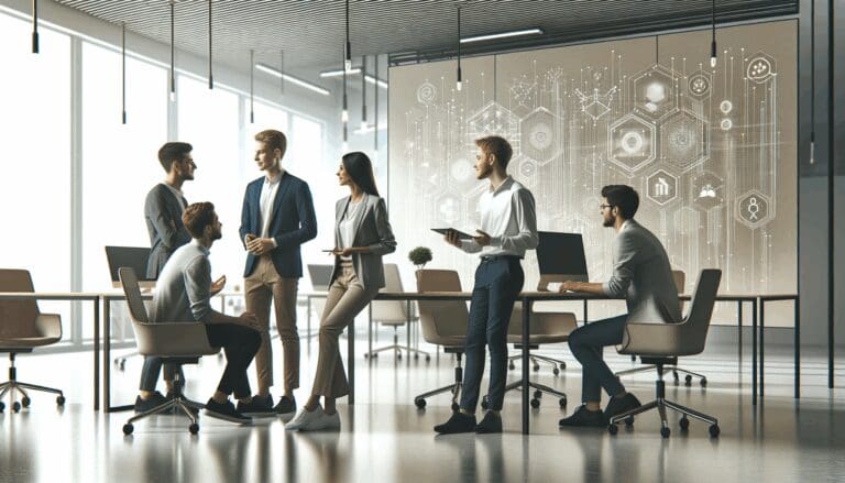 Equipo de jóvenes emprendedores colaborando en un espacio de coworking moderno y tecnológico.