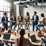 Grupo diverso de emprendedores debatiendo en un espacio de coworking con tecnología moderna.