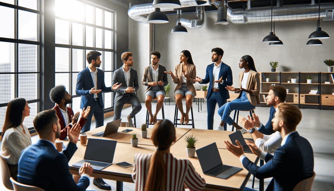 Grupo diverso de emprendedores debatiendo en un espacio de coworking con tecnología moderna.