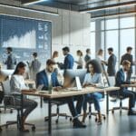 Oficinas modernas con emprendedores trabajando en tecnología y pantallas con gráficos de datos.