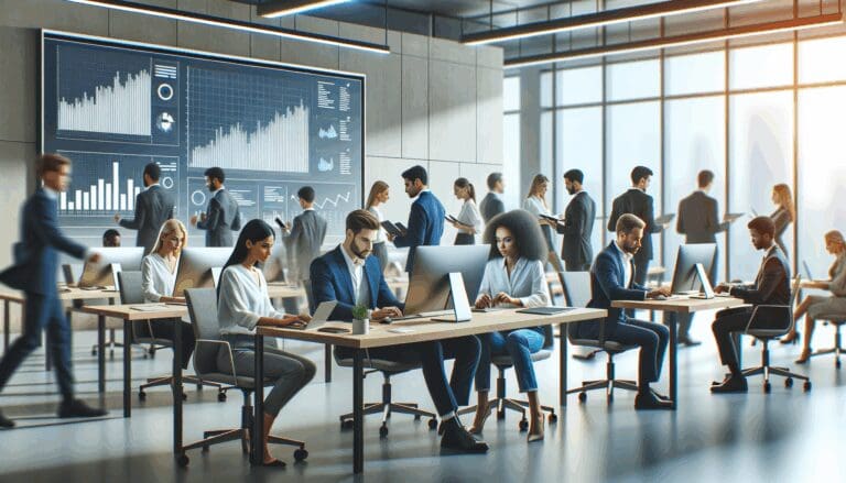 Oficinas modernas con emprendedores trabajando en tecnología y pantallas con gráficos de datos.