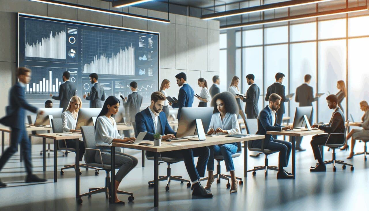 Oficinas modernas con emprendedores trabajando en tecnología y pantallas con gráficos de datos.