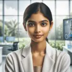 Retrato de una joven científica en un entorno de laboratorio moderno, con elementos tecnológicos y naturaleza de fondo.