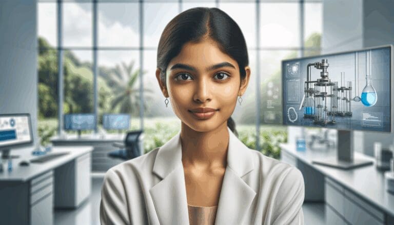 Retrato de una joven científica en un entorno de laboratorio moderno, con elementos tecnológicos y naturaleza de fondo.