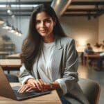 Retrato de una emprendedora latinoamericana usando una laptop en un espacio de coworking moderno.