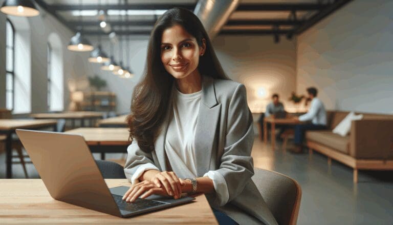Retrato de una emprendedora latinoamericana usando una laptop en un espacio de coworking moderno.