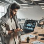 Persona joven analizando datos financieros en un espacio de coworking moderno, ambiente emprendedor y tecnológico.