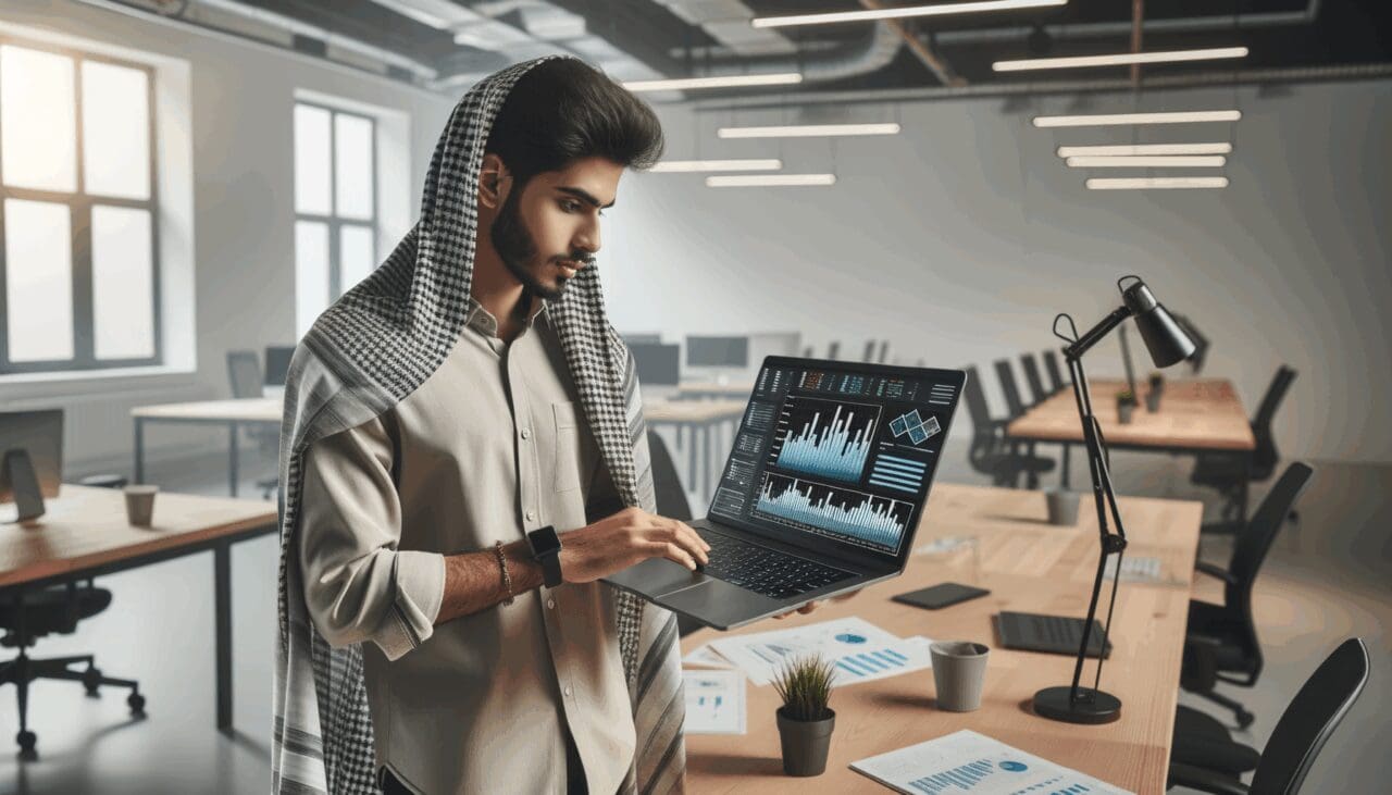 Persona joven analizando datos financieros en un espacio de coworking moderno, ambiente emprendedor y tecnológico.
