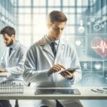 Investigadores en un laboratorio tecnológico moderno, trabajando en salud digital.
