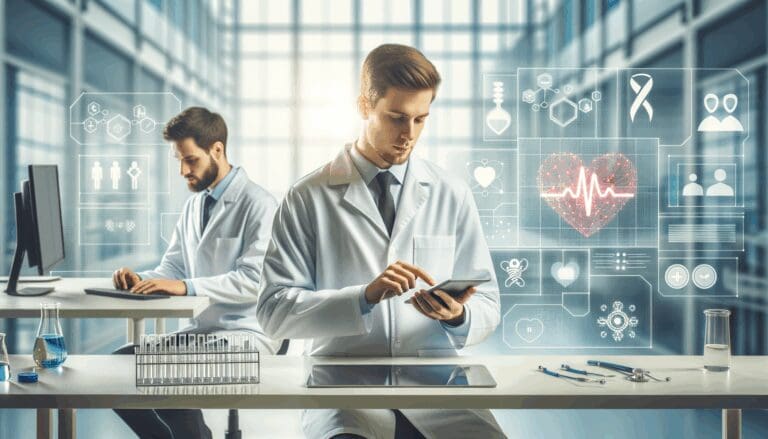 Investigadores en un laboratorio tecnológico moderno, trabajando en salud digital.