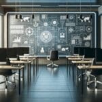 Oficina moderna con computadoras y pizarras, ambientación tecnológica.