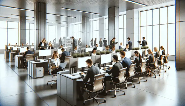 Oficina moderna con equipos tecnológicos y profesionales trabajando en laptops, ambiente colaborativo.