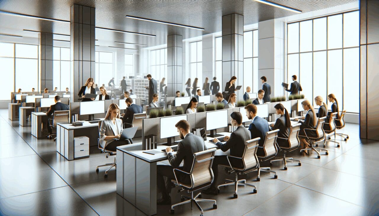 Oficina moderna con equipos tecnológicos y profesionales trabajando en laptops, ambiente colaborativo.