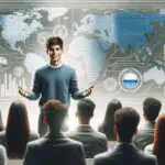 Joven emprendedor latinoamericano exponiendo ante estudiantes, con fondo de gráficas tecnológicas y mapas de agua.