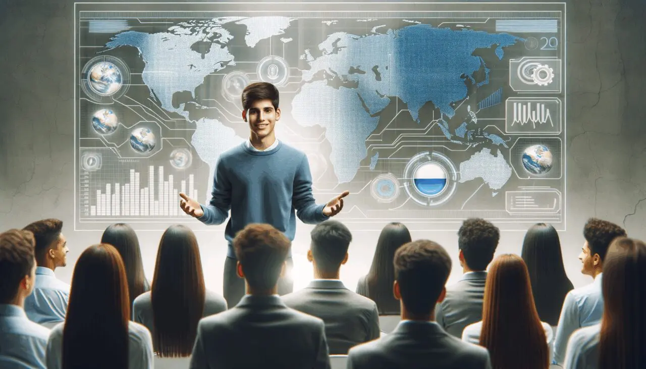 Joven emprendedor latinoamericano exponiendo ante estudiantes, con fondo de gráficas tecnológicas y mapas de agua.