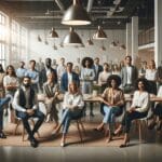 Retrato inspirador de un grupo diverso de emprendedores reunidos en una oficina moderna con ambiente colaborativo.