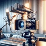 Primer plano de una cámara profesional y micrófonos en un estudio musical moderno, con luces de neón y ambiente tecnológico.