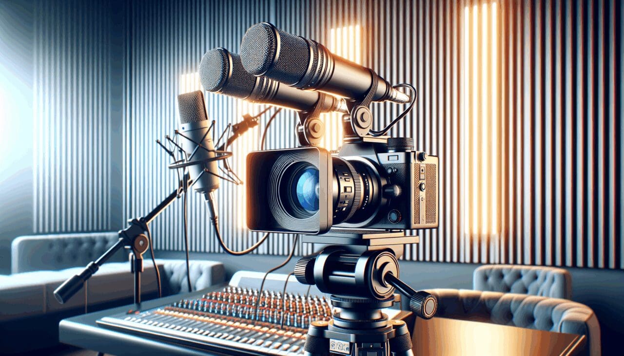 Primer plano de una cámara profesional y micrófonos en un estudio musical moderno, con luces de neón y ambiente tecnológico.