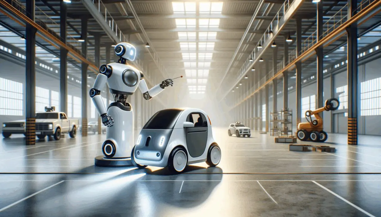 Robot y vehículo autónomo interactuando en un espacio industrial moderno y bien iluminado.