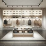 Interior de una moderna tienda de ropa vacía con estantes ordenados.