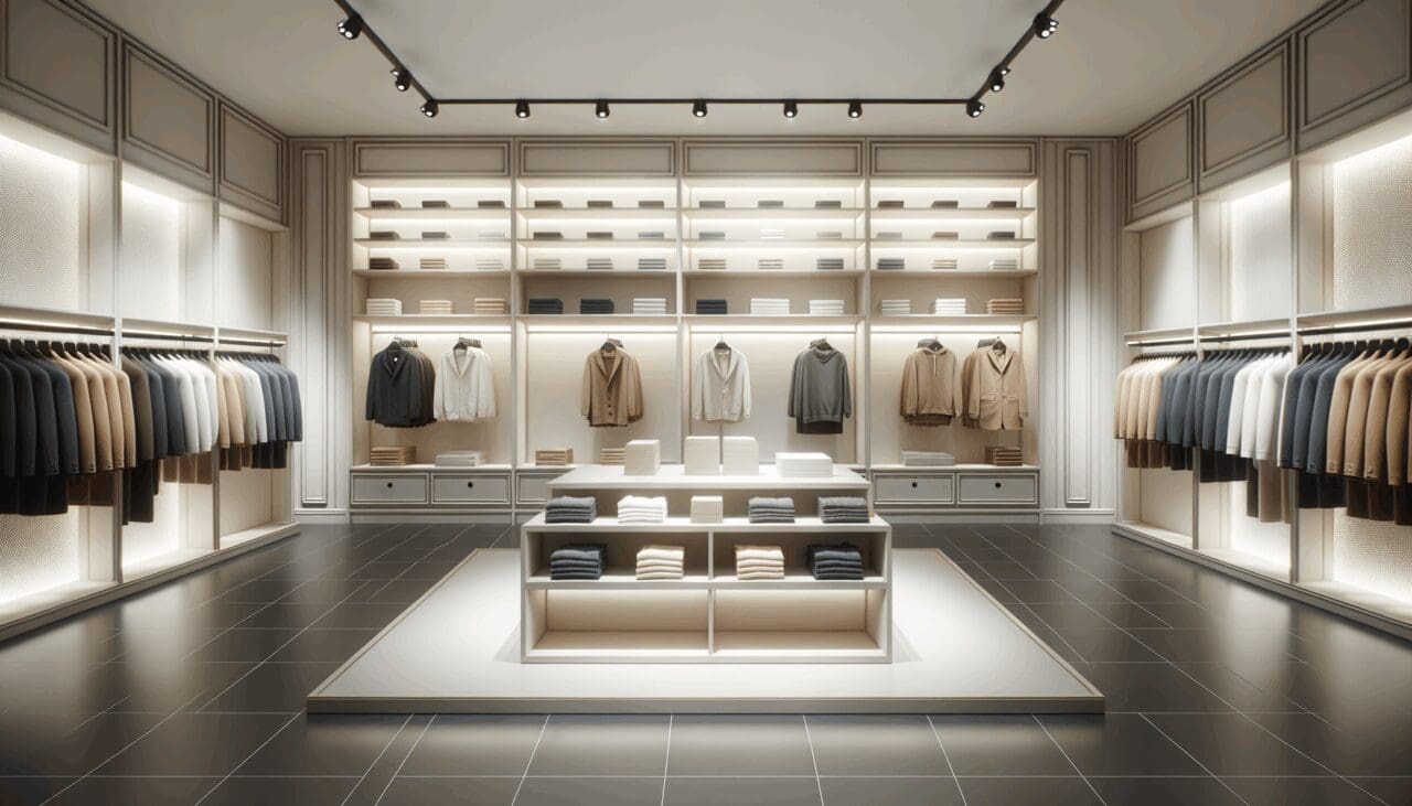 Interior de una moderna tienda de ropa vacía con estantes ordenados.