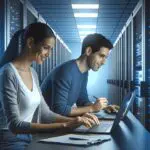 Sala de servidores moderna con racks iluminados en tonos azules y técnicos trabajando con computadoras portátiles.