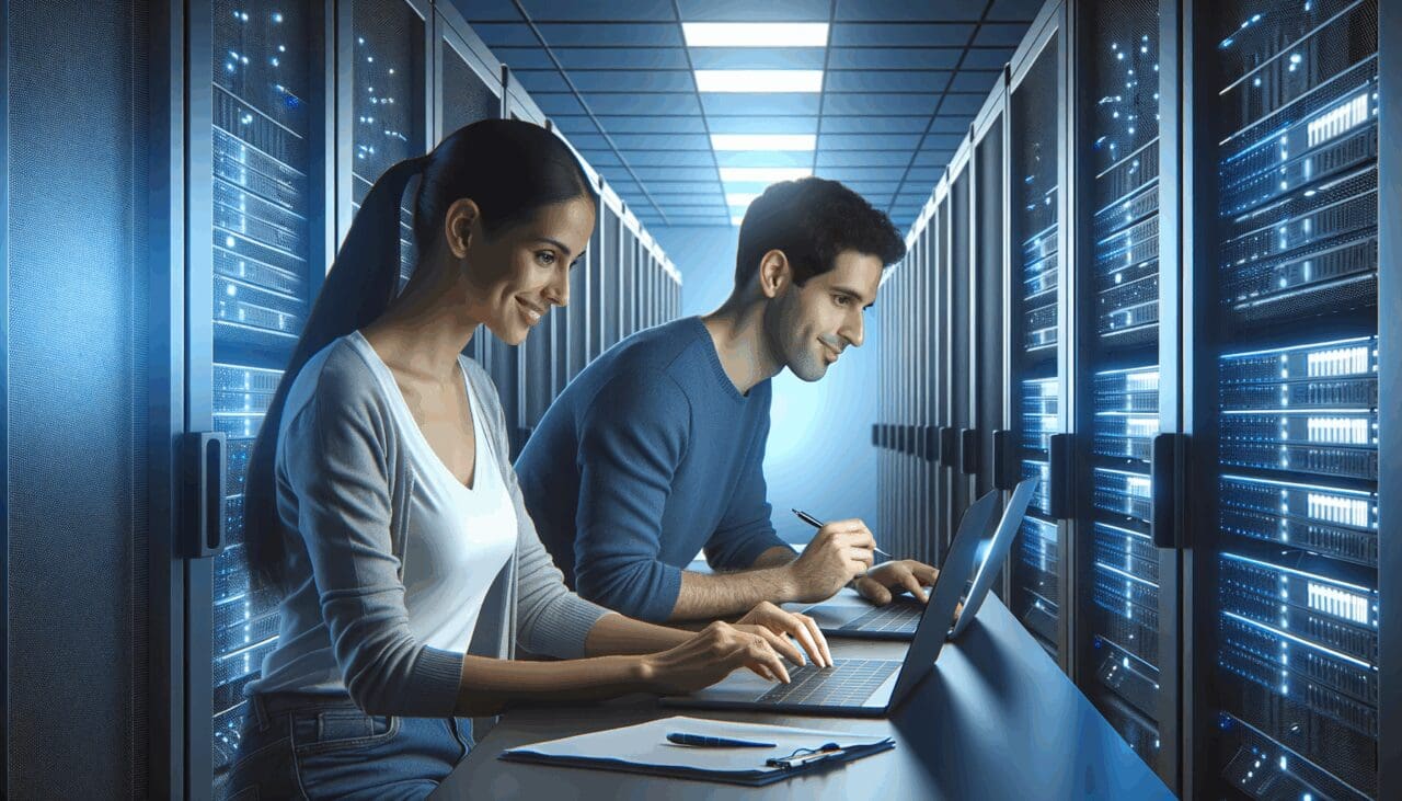 Sala de servidores moderna con racks iluminados en tonos azules y técnicos trabajando con computadoras portátiles.